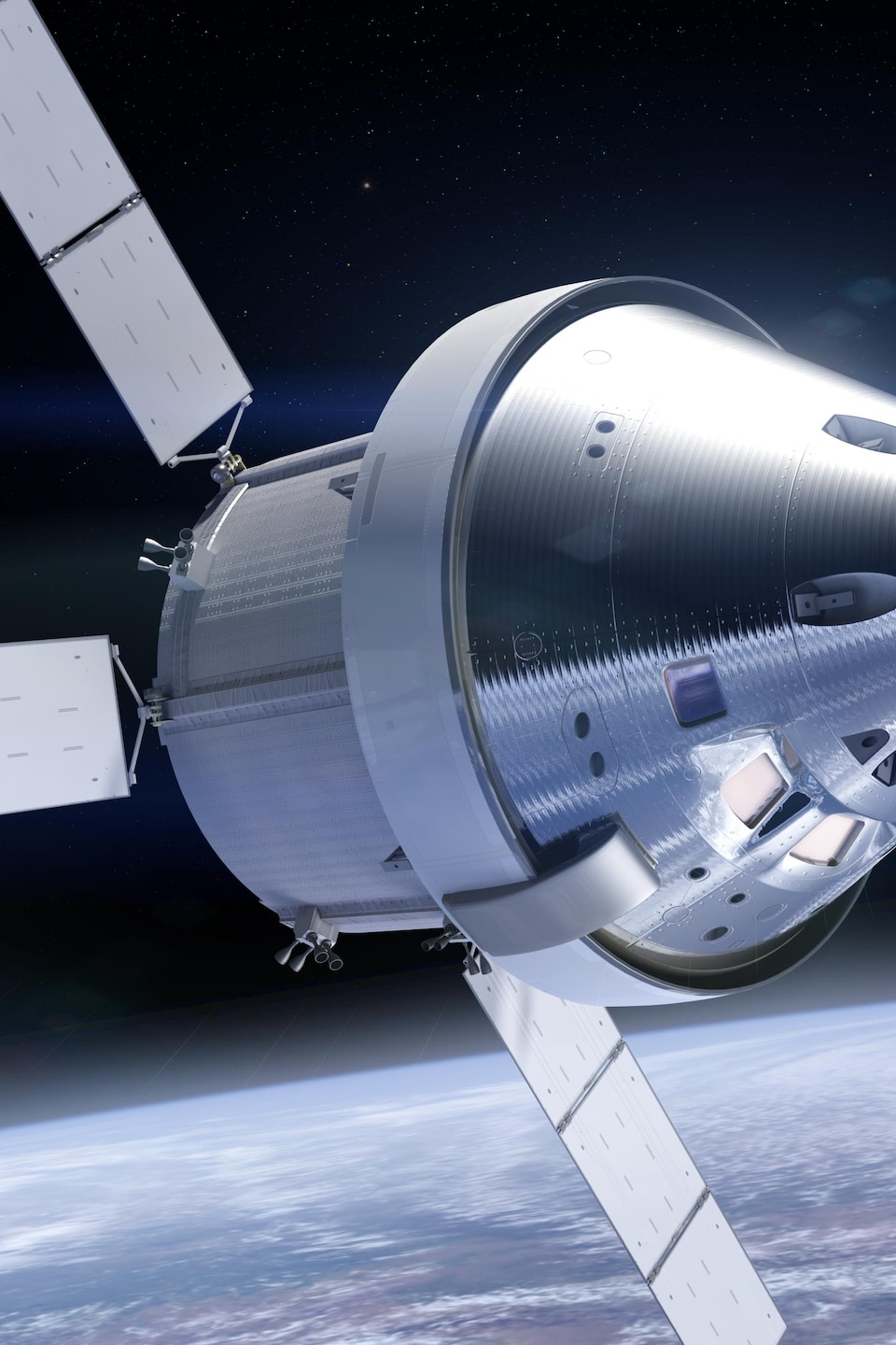 Impression artistique du vaisseau spatial Orion de la NASA en orbite basse terrestre.