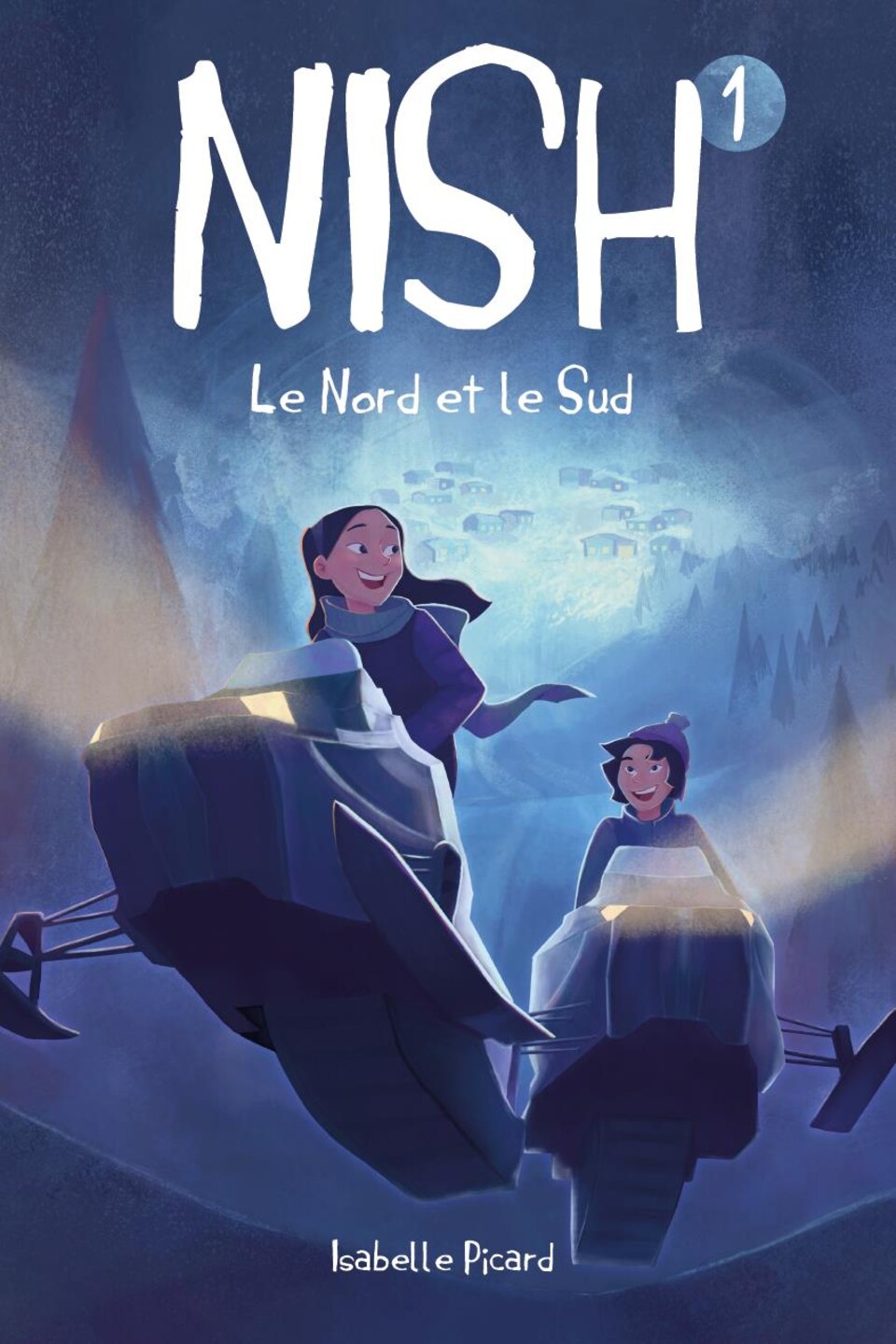 Couverture du livre Nish. Illustration de deux jeunes en motoneige.