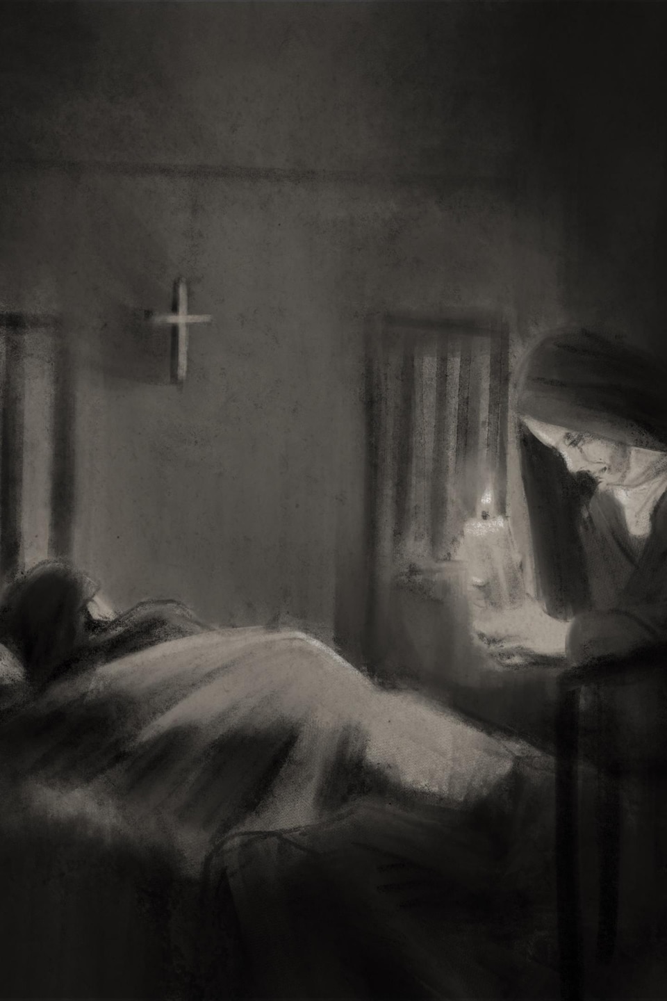 Dessin d'une religieuse aux côtés d'un enfant dans son lit. 