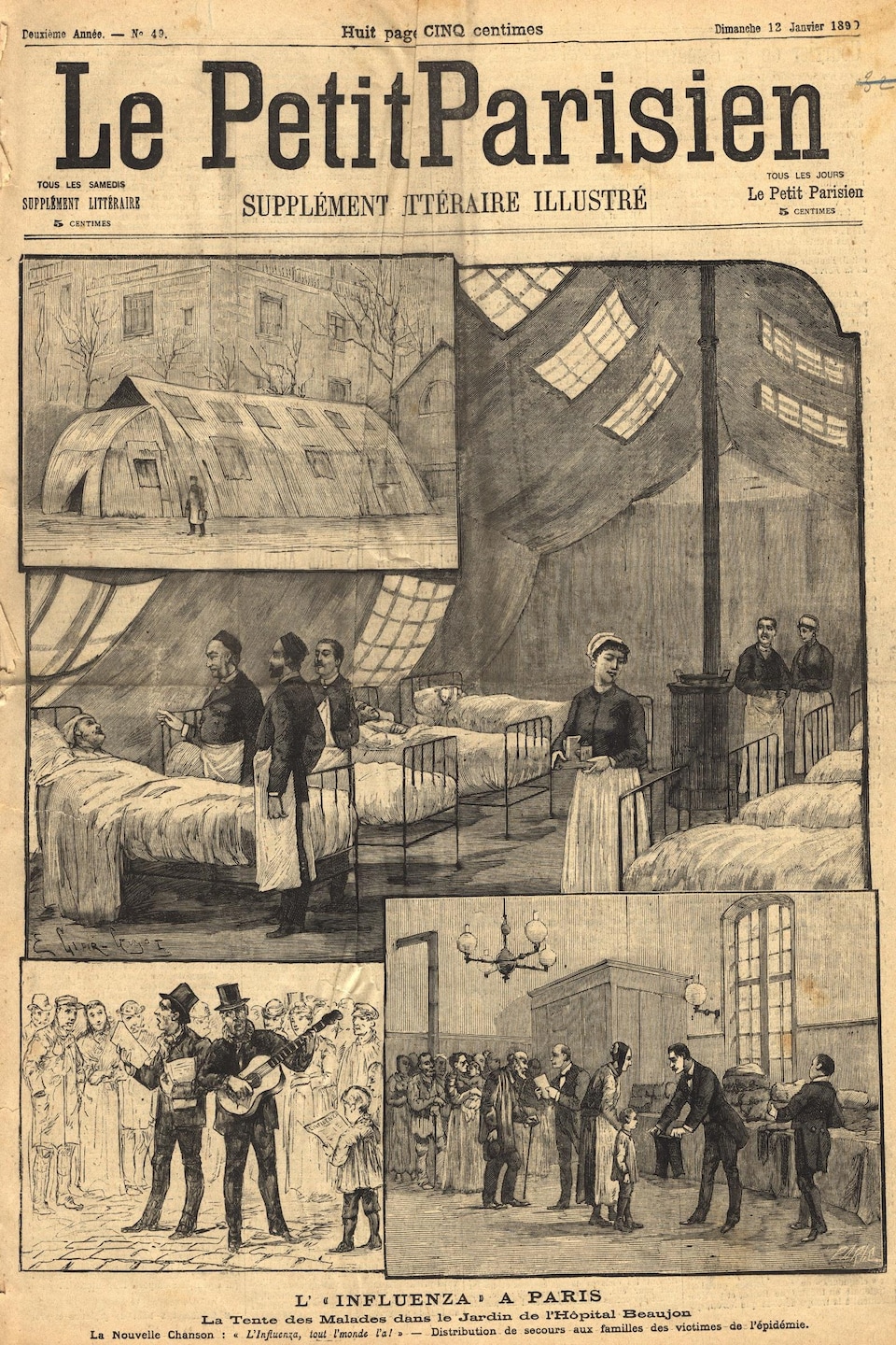 On voit la page couverture du journal, qui représente à l'aide d'illustrations la prise en charge des patients souffrant de la grippe à Paris. On voit l'intérieur d'un hôpital de campagne et des gens qui font la file.