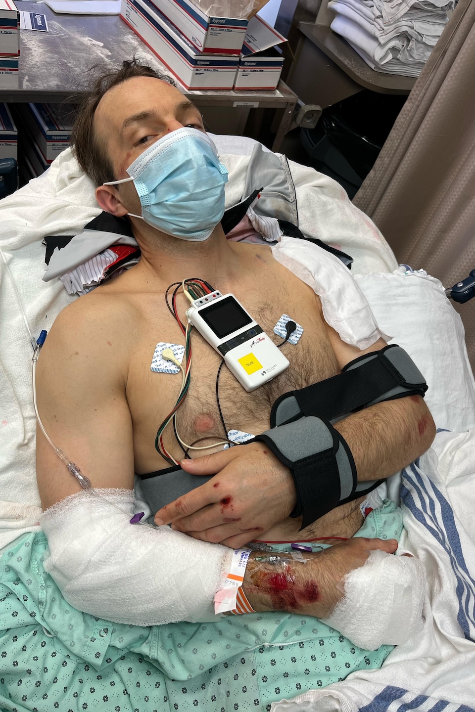 Philippe Reynolds in his hospital bed.