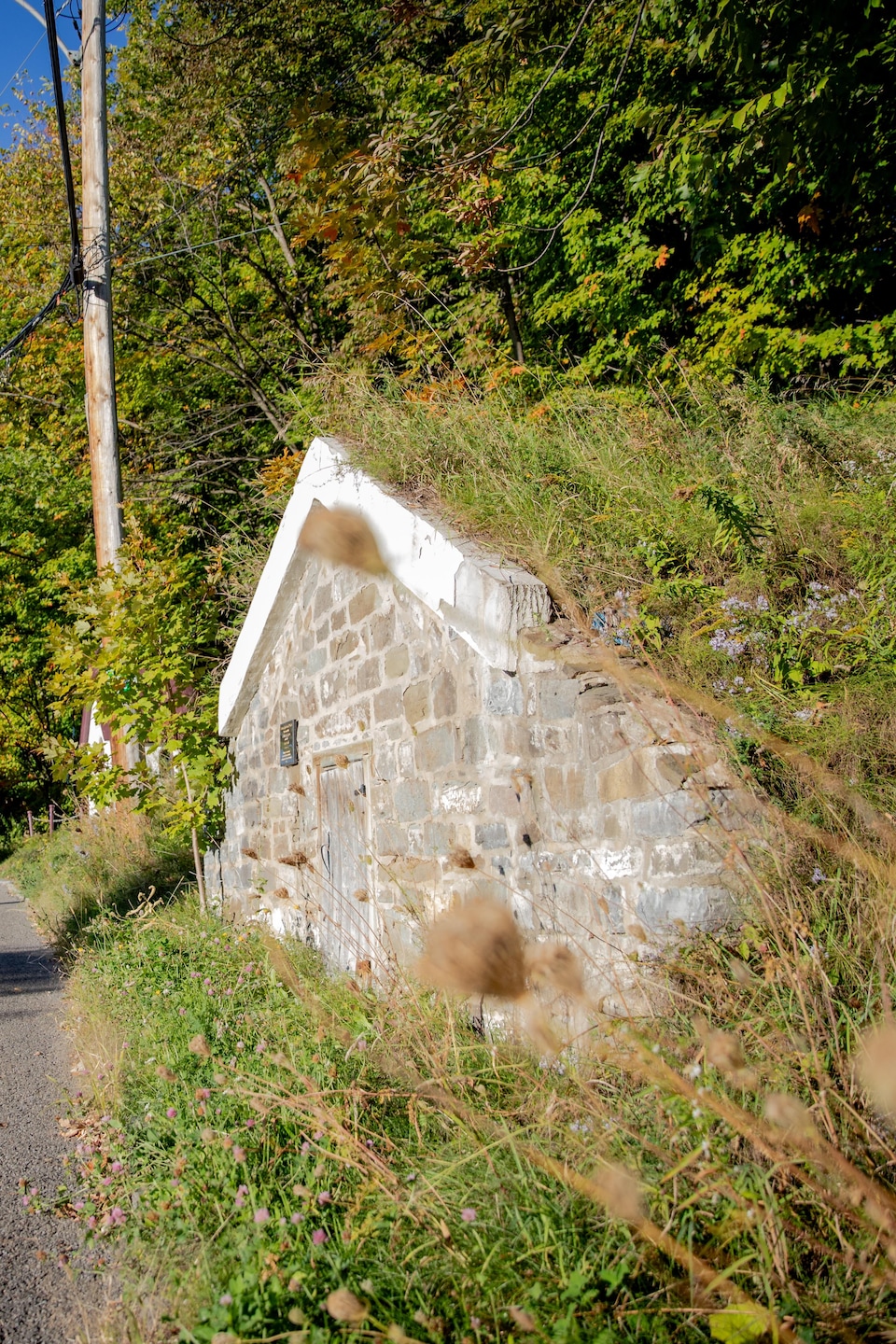 Un caveau en pierre, recouvert de terre et d'herbe, longe une route asphaltée près d'une maison blanche à gauche.