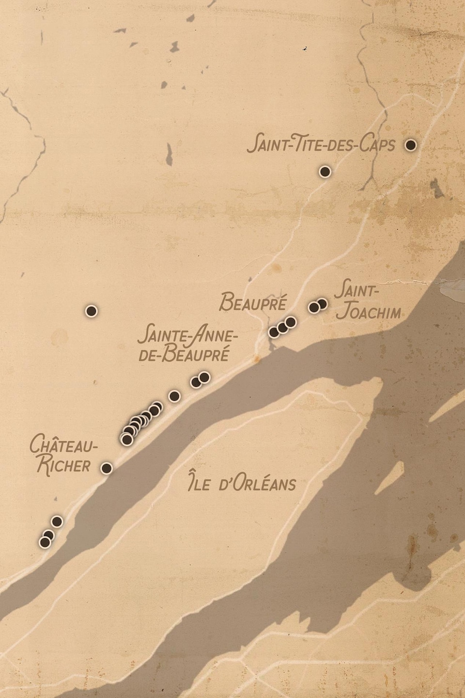 Une carte à l'allure ancienne montre les municipalités de la Côte-de-Beaupré, avec Château-Richer et l’île d’Orléans.