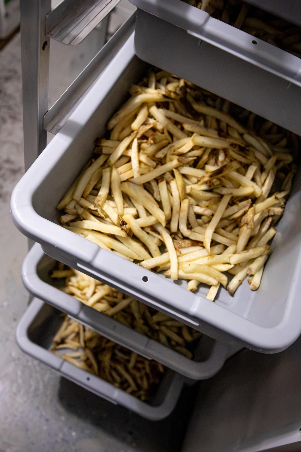 Des bacs en plastique remplis de frites rangés sur une étagère métallique.