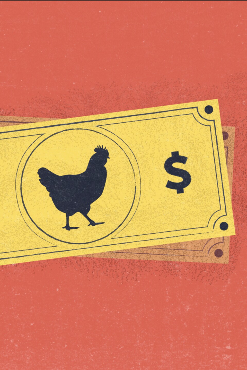 Illustration d'un billet de banque imaginaire sur lequel se trouve une silhouette de poulet. 