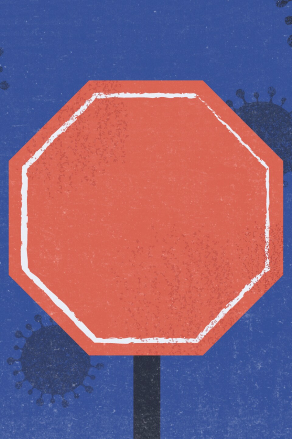 Illustration d'un panneau d'arrêt avec, en arrière-plan, des cellules de COVID-19.