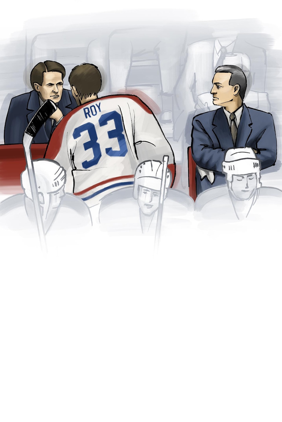 La scène qui a marqué une génération d'amateurs de hockey : Patrick Roy qui s'adresse à Ronald Corey sous le regard de Mario Tremblay.