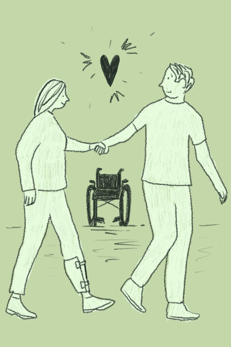 Illustration d'un homme et d'une femme qui se tiennent par la main avec une chaise roulante en fond d'image.