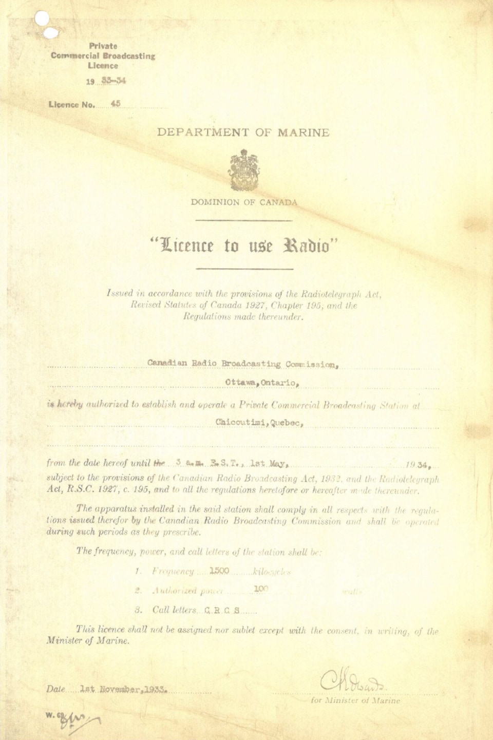 Document original de la licence de CRCS signé par le ministre de la Marine du gouvernement du Canada.