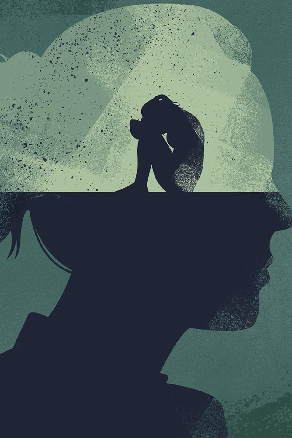 Illustration d'une femme recroquevillée triste et désemparée dans sa propre tête.