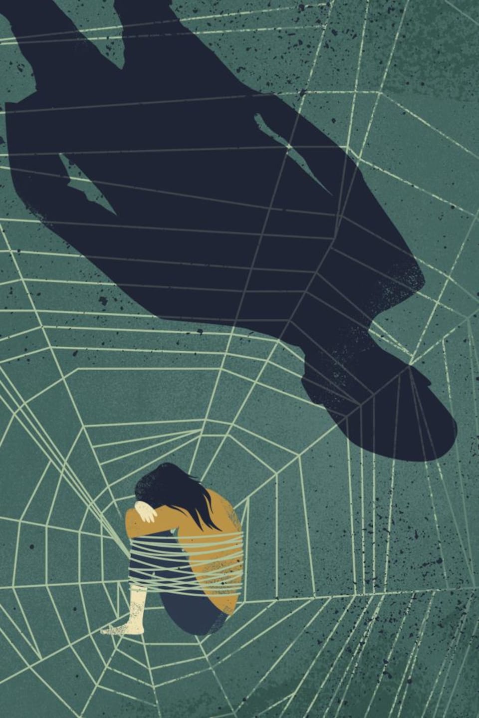 Illustration d'une femme recroquevillée prise au centre d'une toile d'araignée sous l'ombre d'une silhouette masculine rigide.