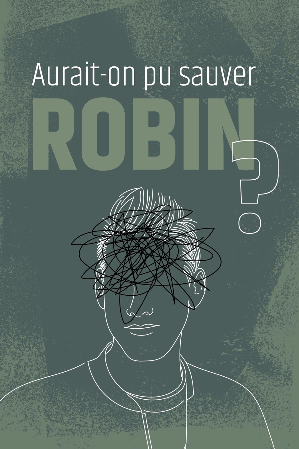 Le haut du corps de Robin est tracé en blanc, mais les traits de son visage sont remplacés par un nuage noir. 