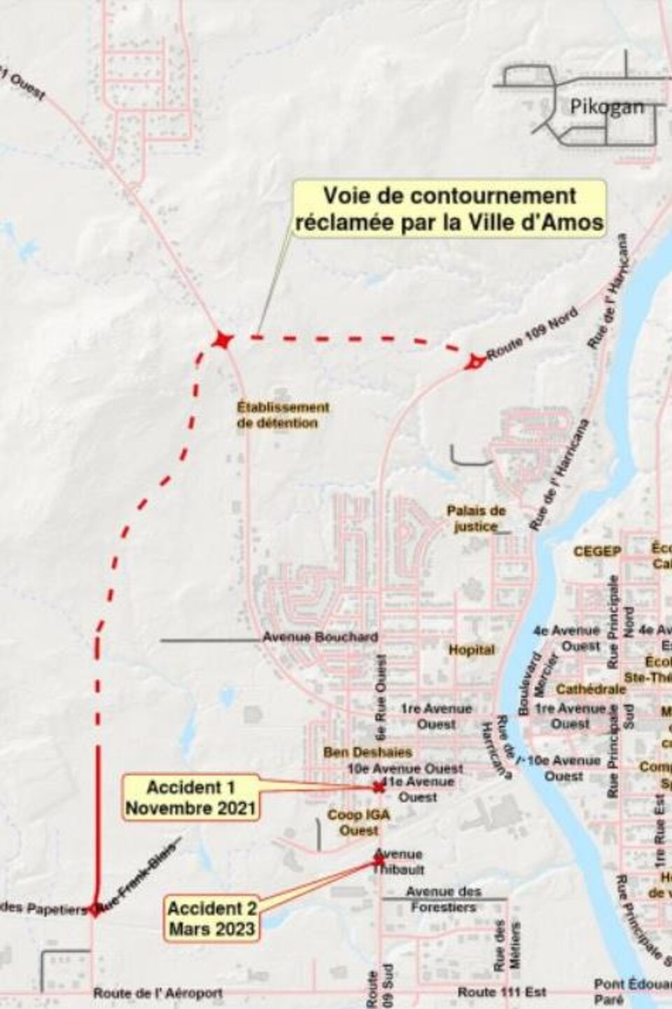 Un trajet est tracé sur une carte d'Amos pour contourner les lieux de deux accidents mortels près du centre-ville.