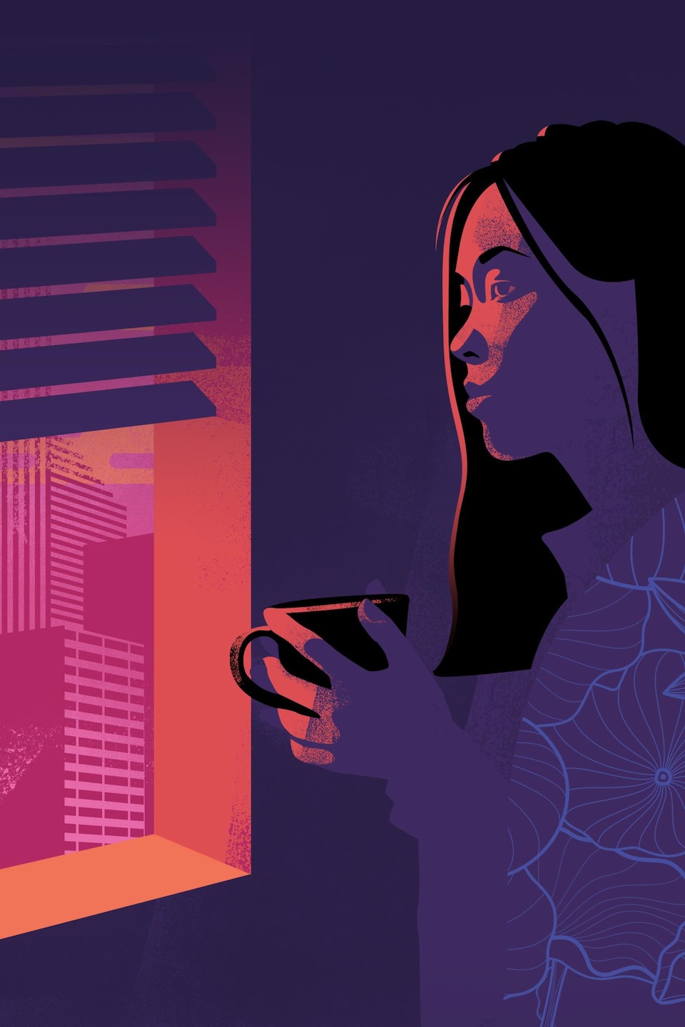 Illustration d'une jeune femme seules qui regarde par la fenêtre d'un air mélancolique avec une tasse à la main.