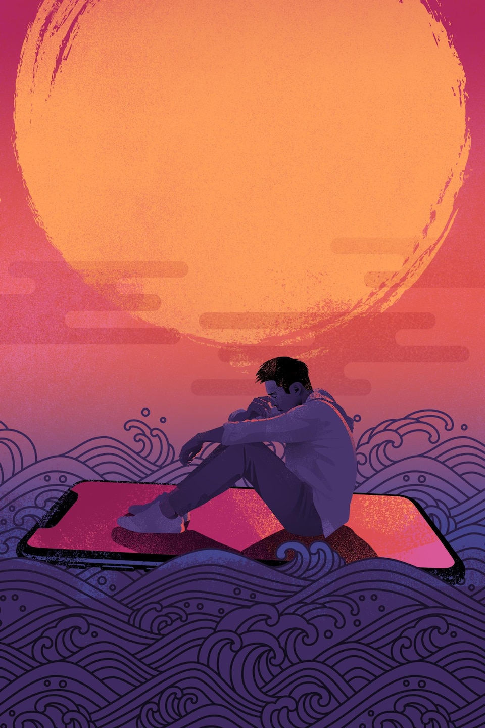 Illustration d'un jeune homme seul et désespéré devant un soleil levant assis sur un téléphone géant qui lui sert de radeau dans une mer mouvementé.