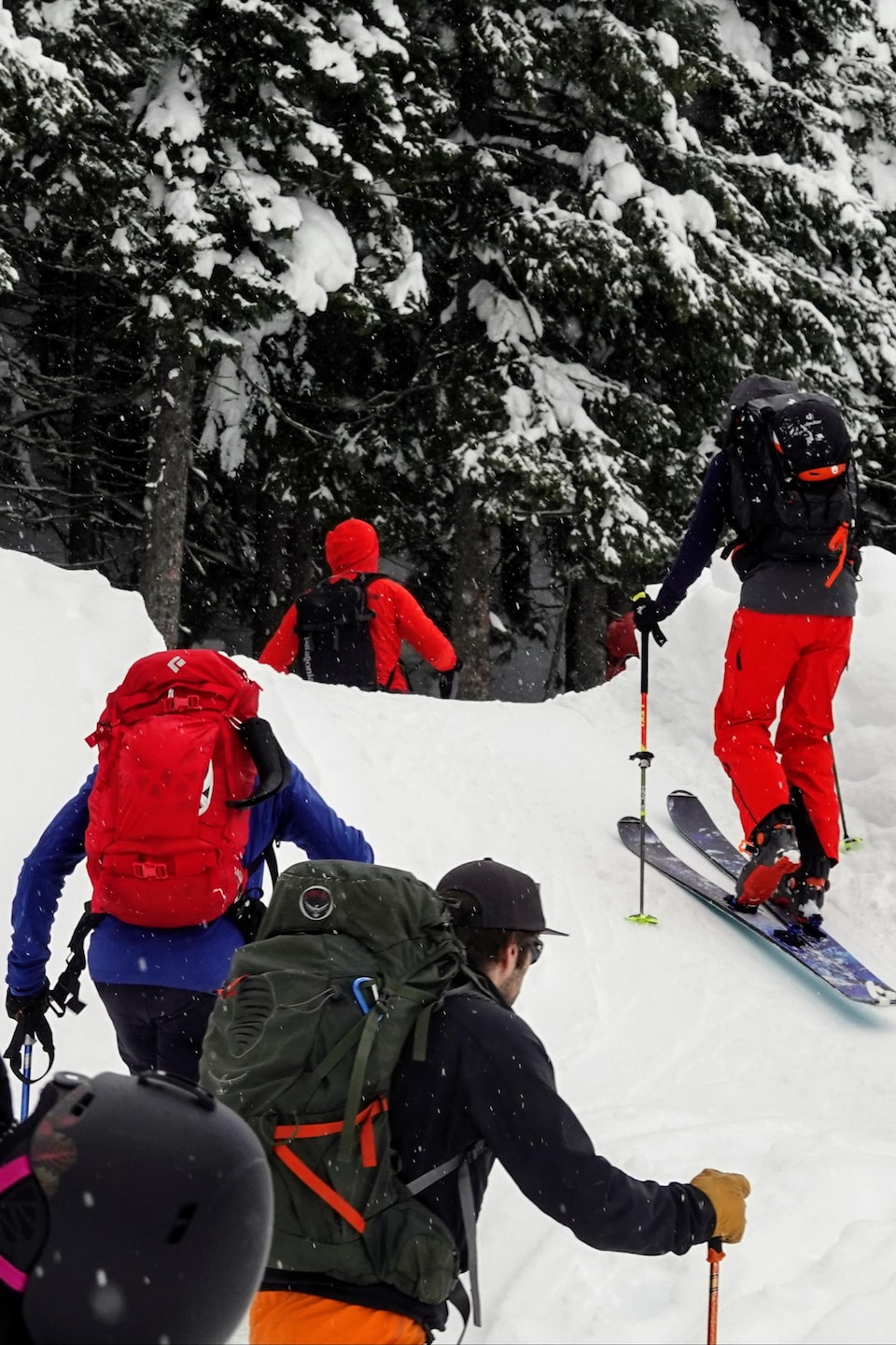 Près d'une dizaine de skieurs en habits colorés avec des sacs à dos se dirigent sur une piste enneigée. 