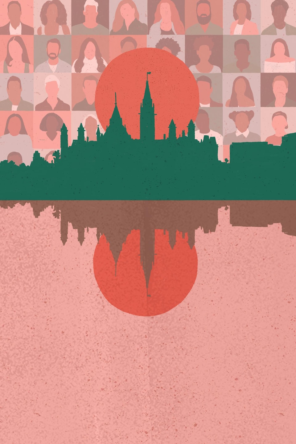 La silhouette de la ville d'Ottawa devant un soleil éclairant une mosaïque de personnes issues de la diversité.