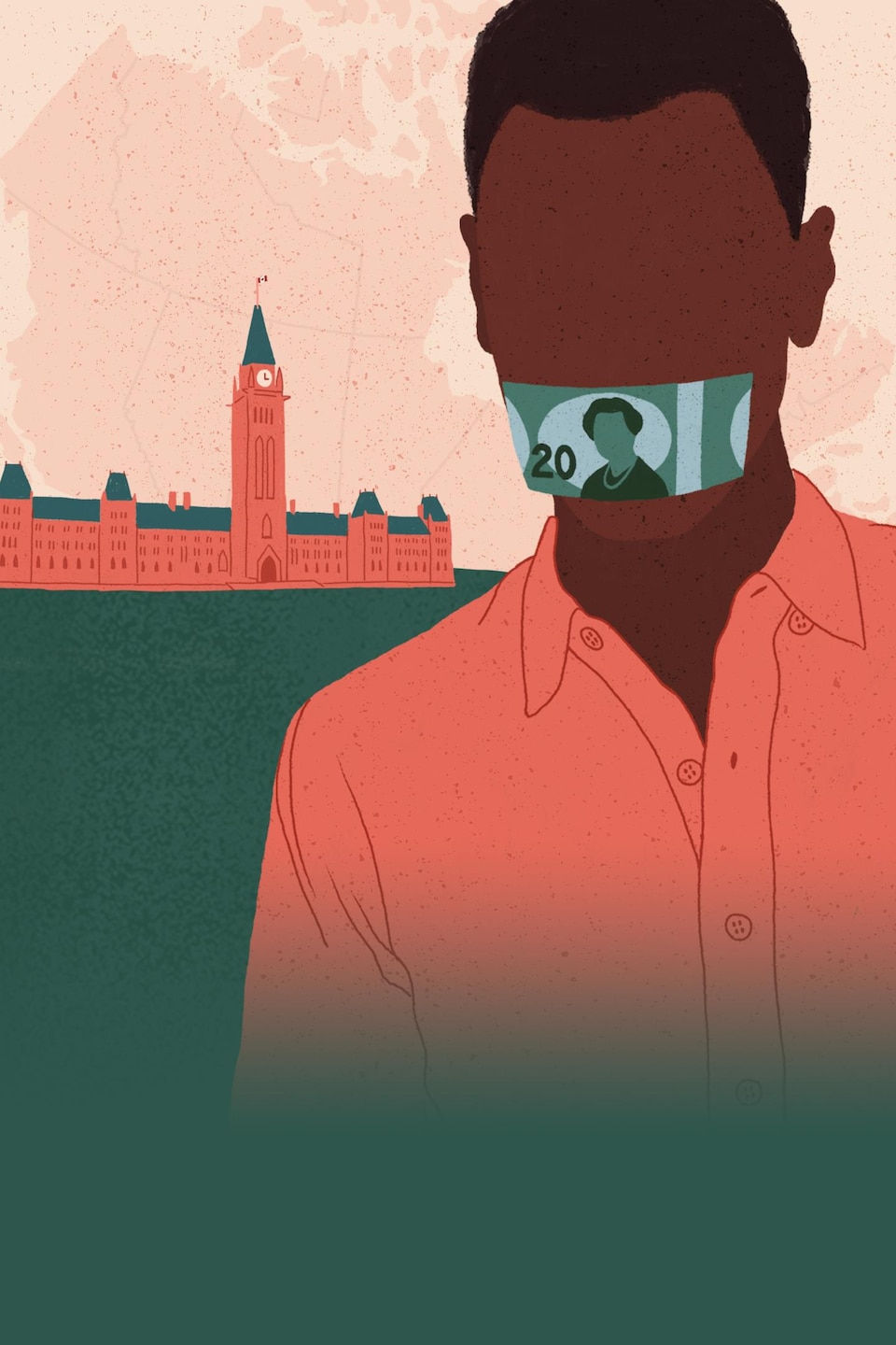 Infographie d'un homme bâillonné par un billet canadien de 20 $ devantle Parlement.