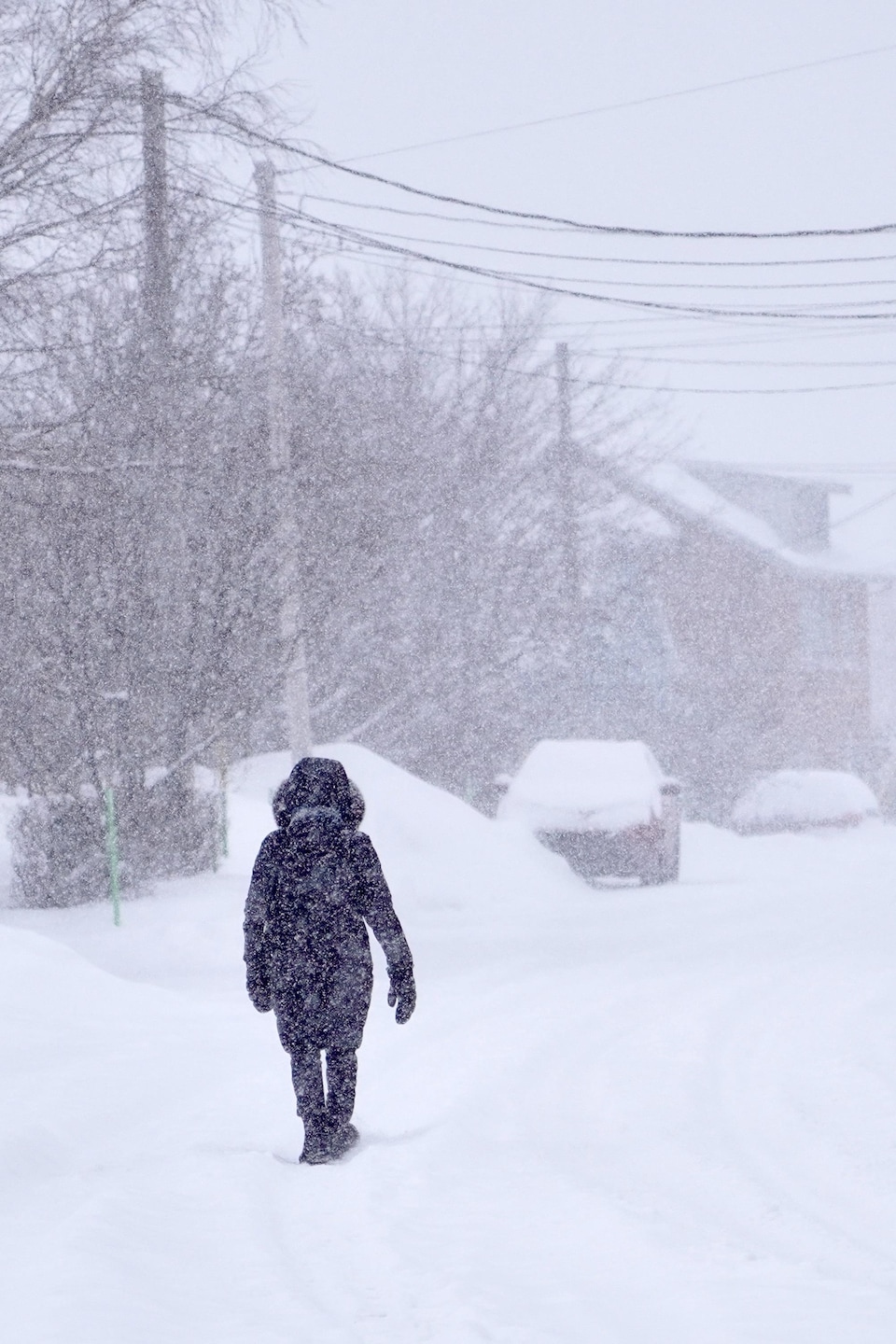 Une dame marche dans une rue enneigée en pleinte tempête.