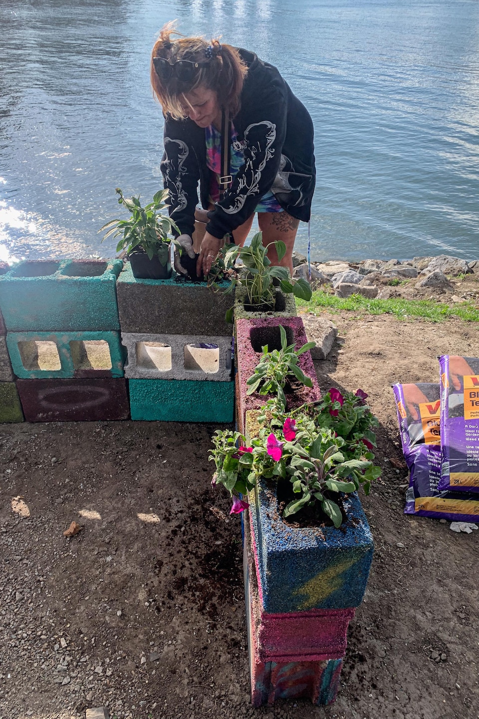 Crystal en train de planter des fleurs dans des blocs de béton colorés, au bord de la l'eau au parc Crab, à Vancouver.
