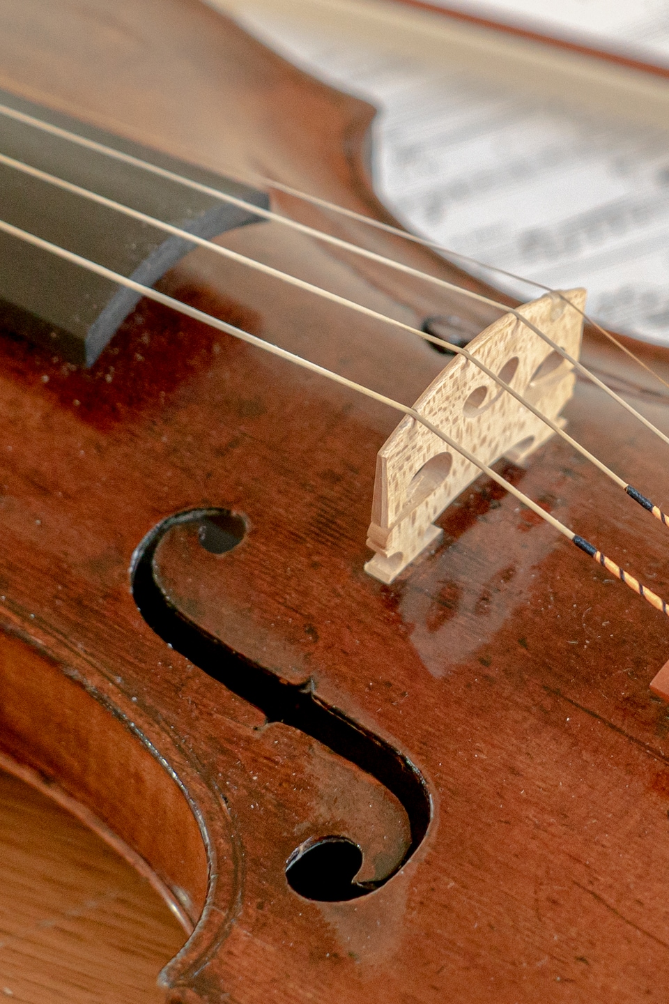 Le violon est déposé sur une partition près de l'archet.