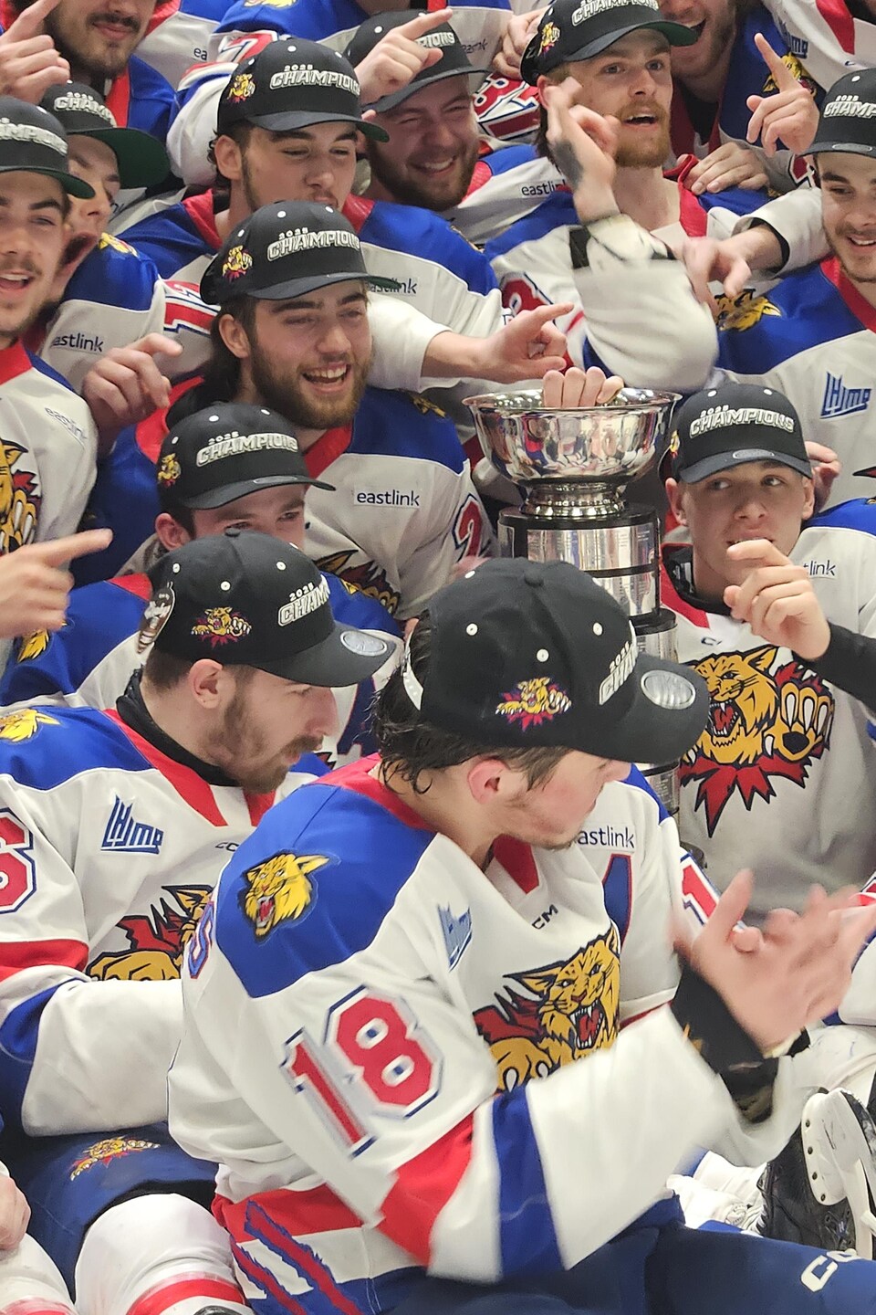 Des hockeyeurs rassemblés autour du trophée Gilles-Courteau