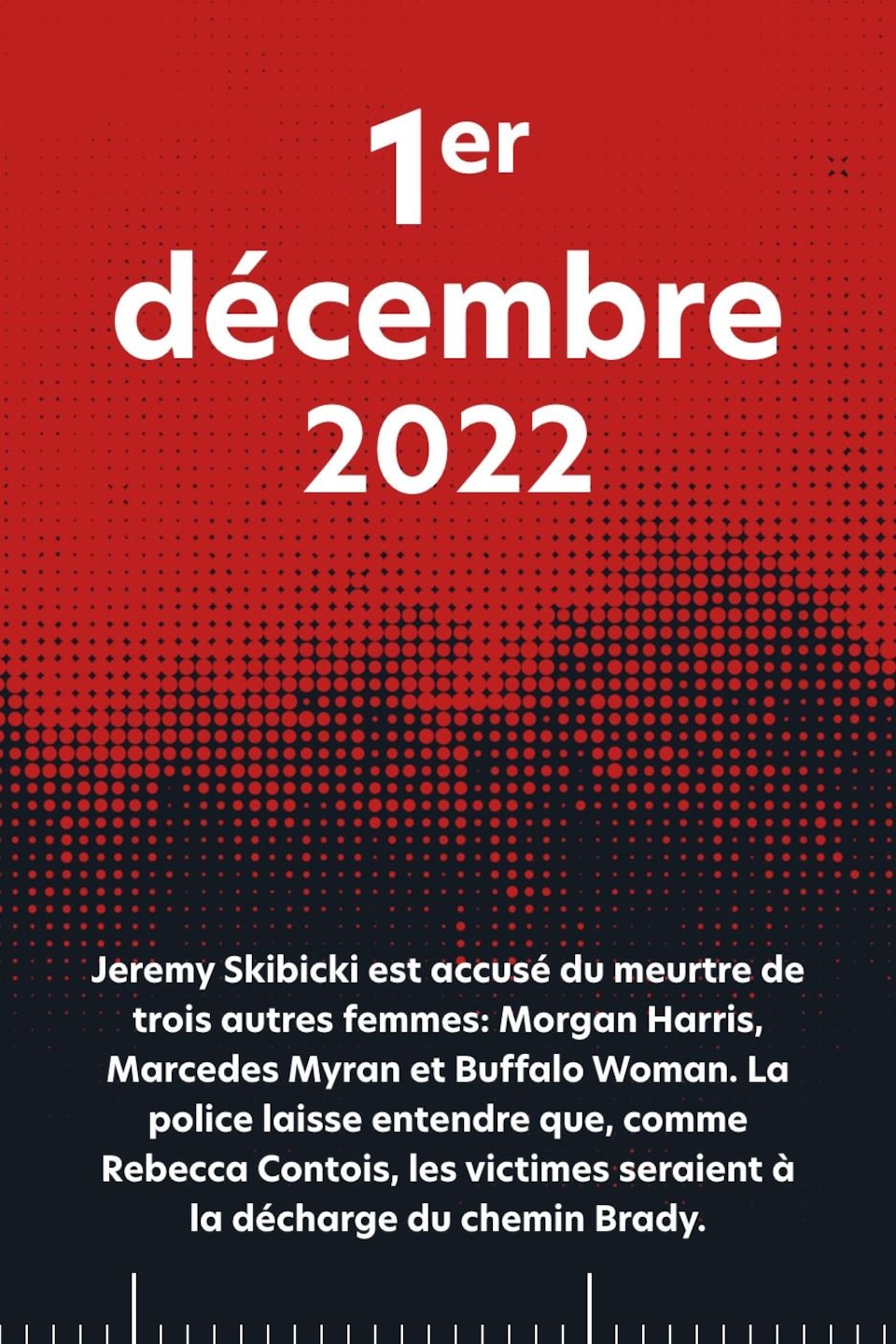 1er décembre 2022 : Jeremy Skibicki est accusé du meurtre de trois autres femmes: Morgan Harris, Marcedes Myran et Buffalo Woman. La police laisse entendre que, comme Rebecca Contois, les victimes seraient à la décharge du chemin Brady.