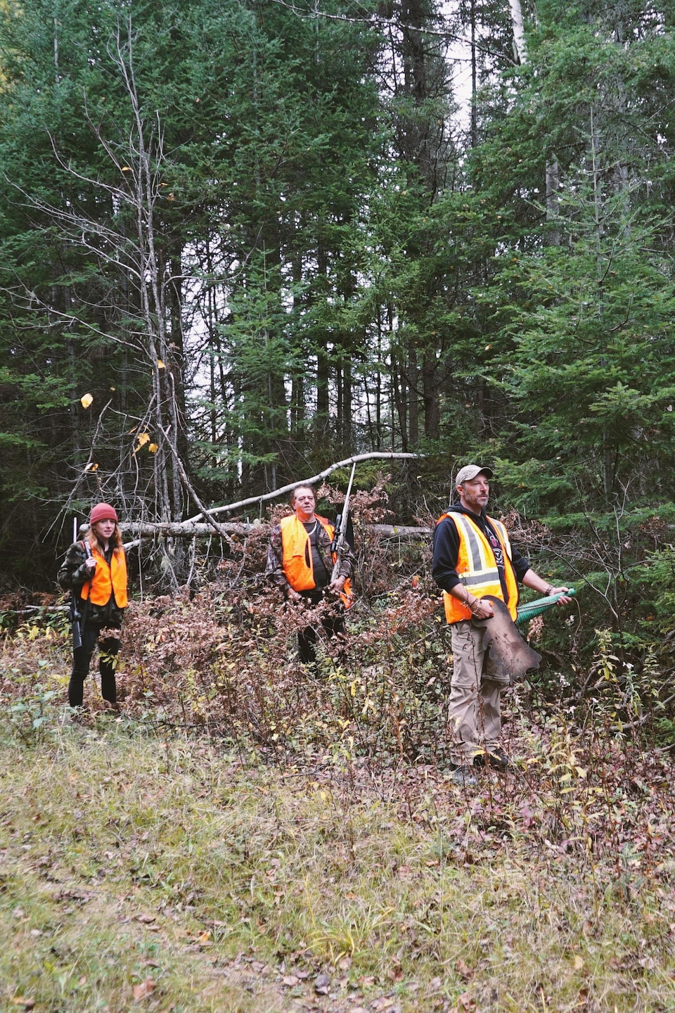 Trois chasseurs en forêt observent attentivement l'horizon.