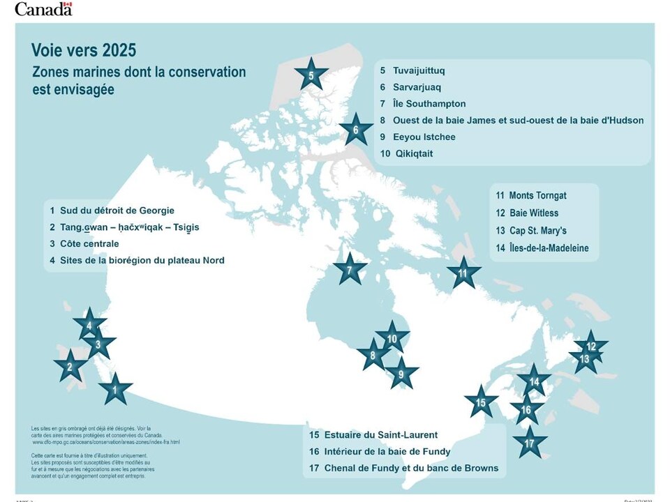 Carte du Canada montrant les zones marines dont la conservation est envisagée d'ici 2025.