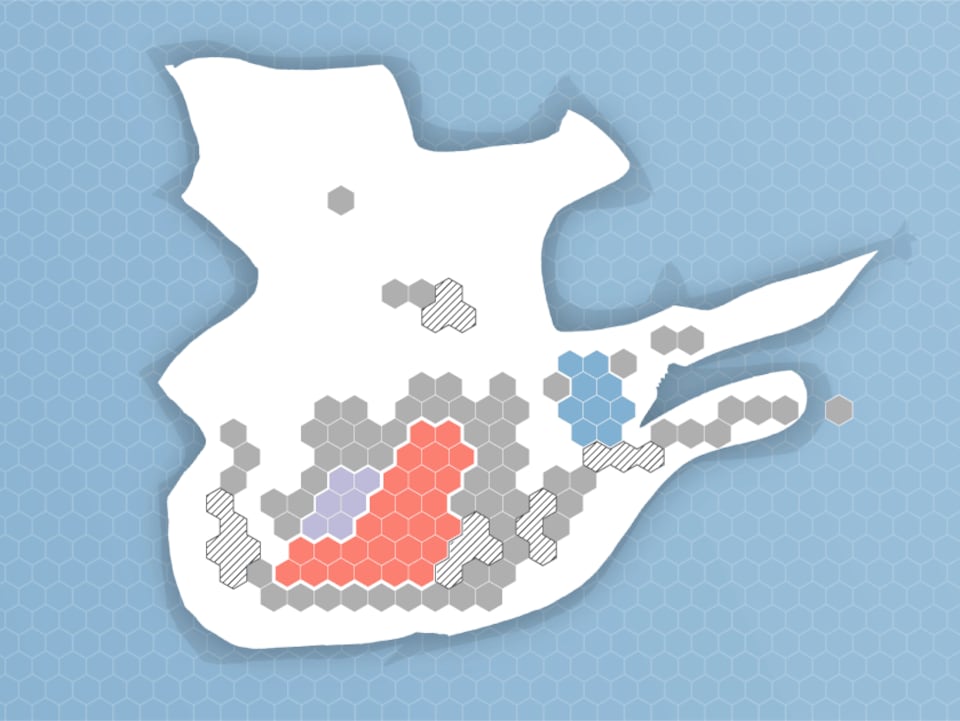 Le dessin du Québec représenté avec des hexagones au lieu de la représentation graphique habituelle des circonscriptions.