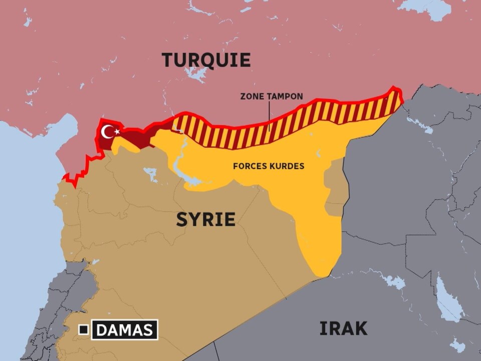 Carte montrant l'offensive turque en Syrie, dans la zone contrôlée par les forces à prédominance kurde.
