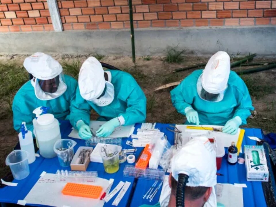 Health workers take samples.