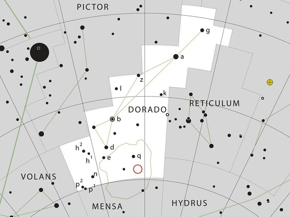 Carte du ciel montrant l'emplacement de l'amas NGC 1850 dans la constellation de la Dorade