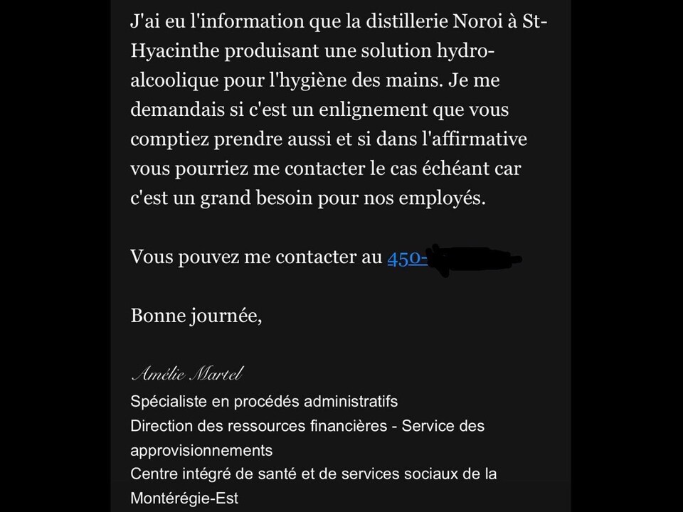 Courriel envoyé par le CISSS Montérégie-Est à une distillerie de la région de Montréal.