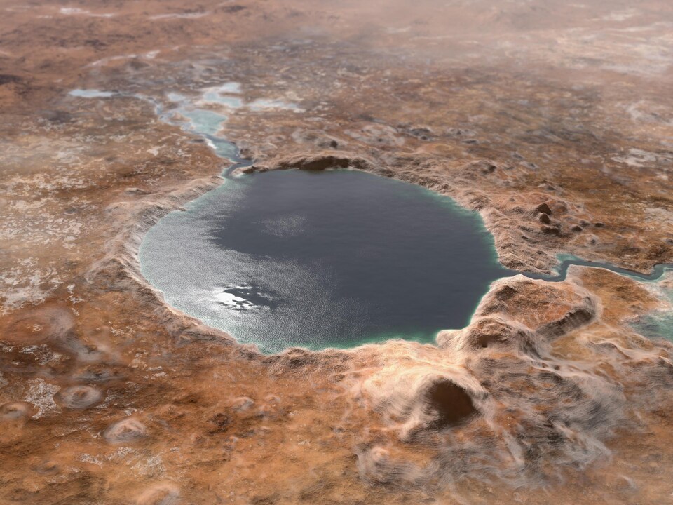 Reconstitution du cratère tel qu'il pouvait paraître à l'époque où il y avait de l'eau à la surface de Mars.