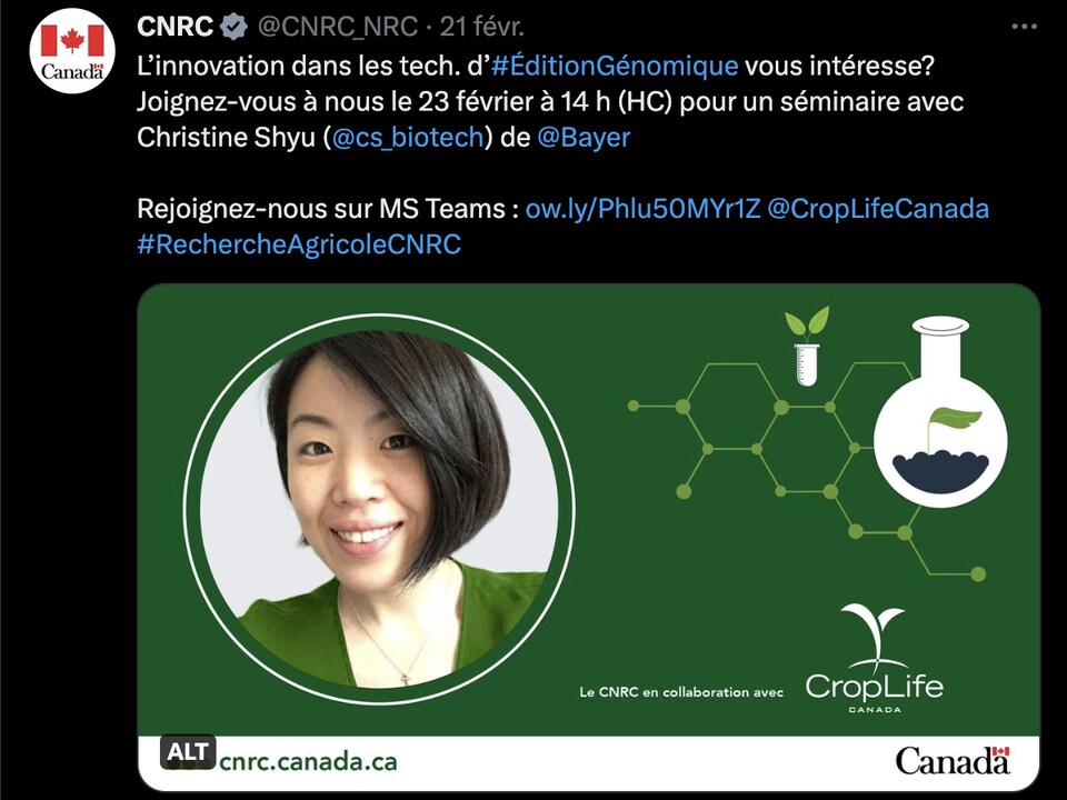 Un tweet du Conseil national de recherches du Canada du 21 février 2023 qui annonçait un séminaire en collaboration avec CropLife pendant lequel devait intervenir Christine Shyu, de la multinationale Bayer.