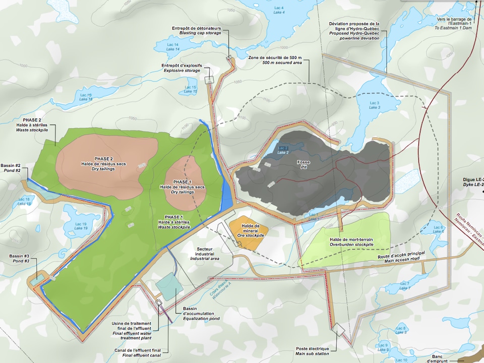 Plan du complexe industriel et minier projeté sur une carte.