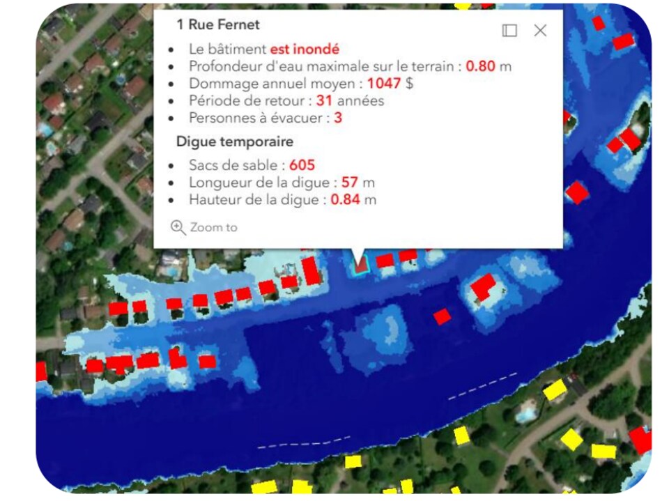 Une capture d'écran d'une carte d'une rivière avec des informations sur un bâtiment inondé