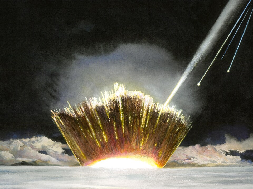 Représentation artistique de l’impact de la météorite dans la couche de glace du Groenland.