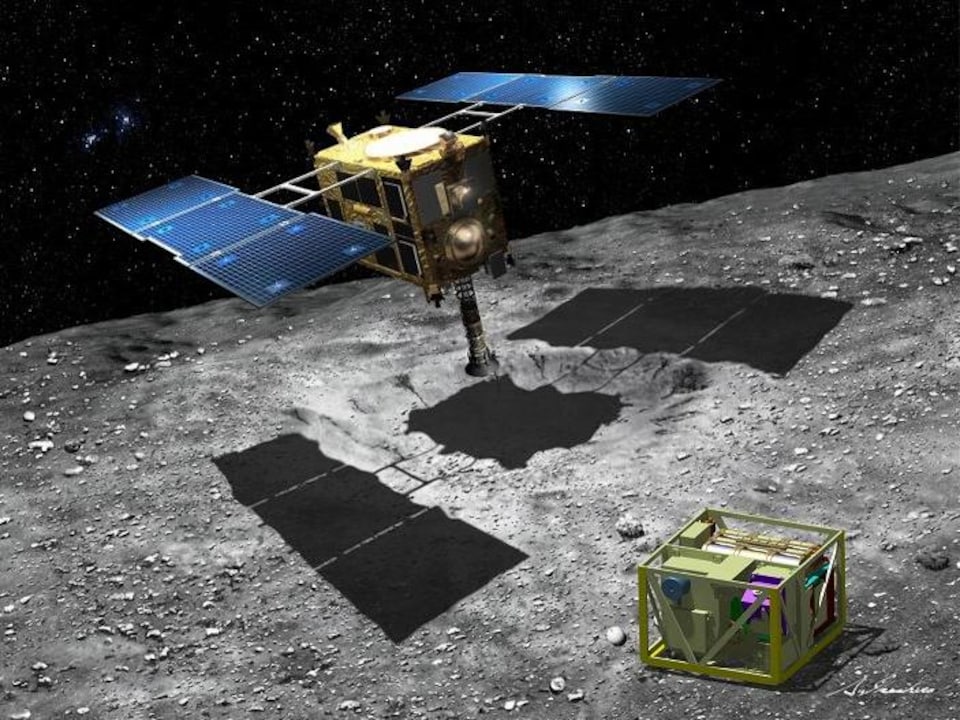 Représentation artistique de la sonde Hayabusa 2 qui recueille un échantillon de matière sur l’astéroïde Ruygu.