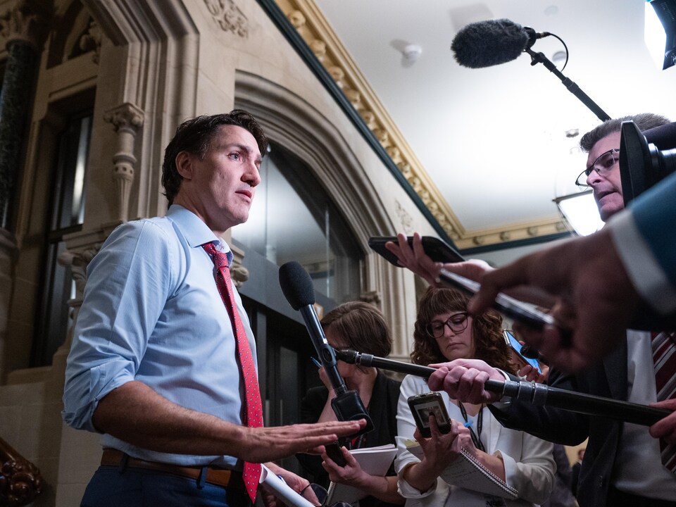 Justin Trudeau in a scrum.