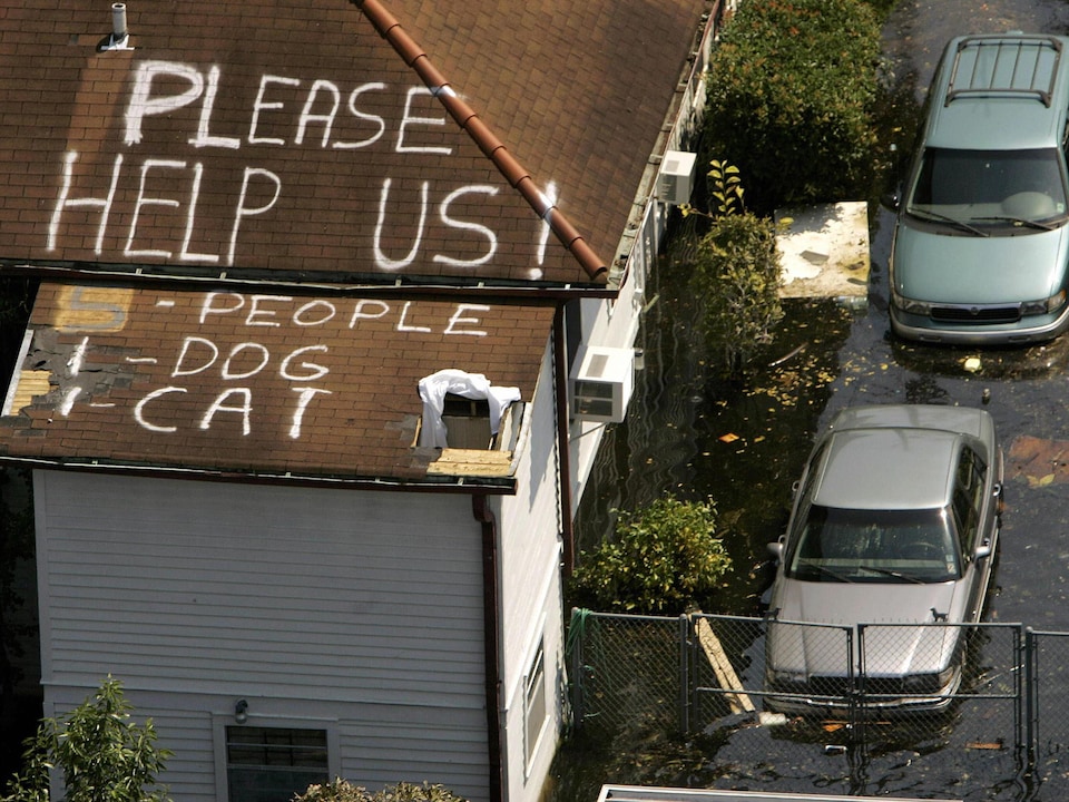 Un appel à l'aide peint sur le toit des maisons : « S'il vous plaît, aidez-nous! »