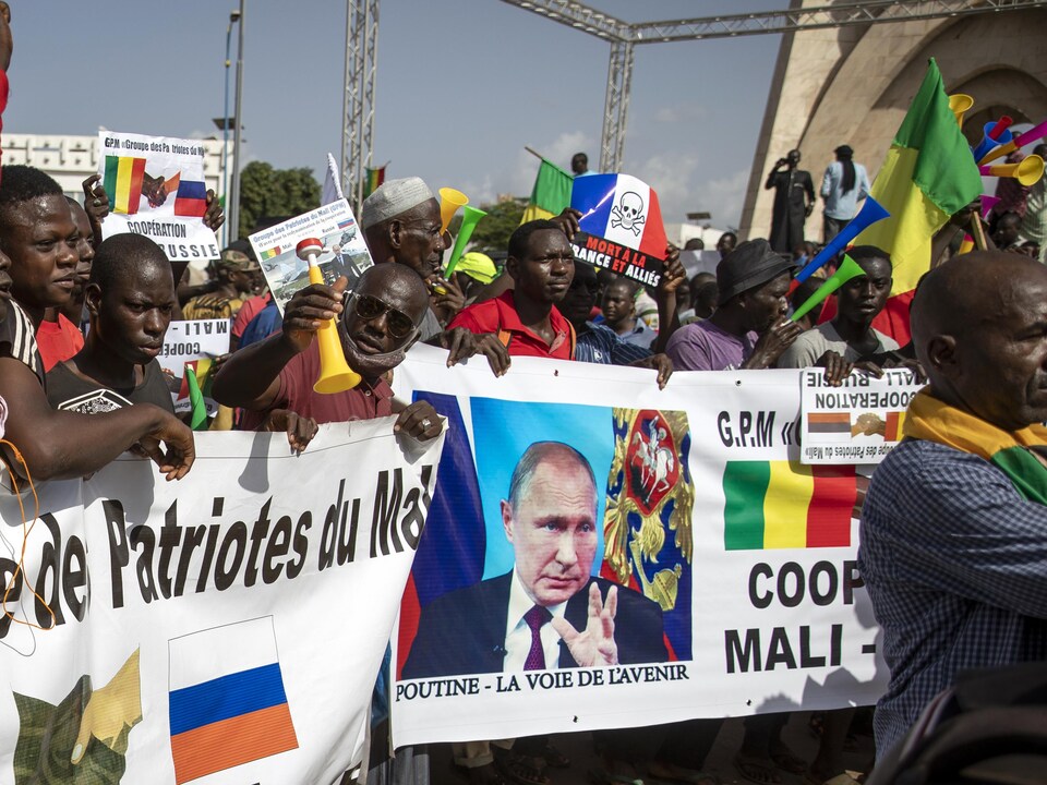 Des gens tiennent une bannière sur laquelle on voit une photo de Vladimir Poutine et des écriteaux « Mort à la France et alliés ».