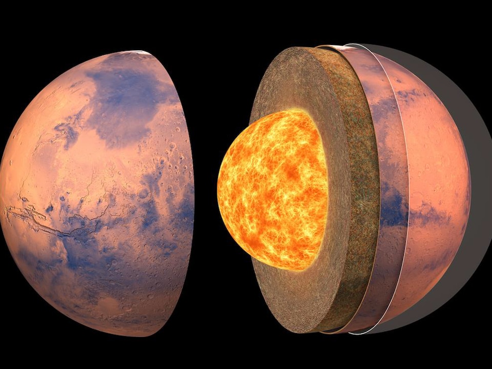 Illustration artistique de la structure interne de Mars dans laquelle il est possible de voir le noyau de plasma.