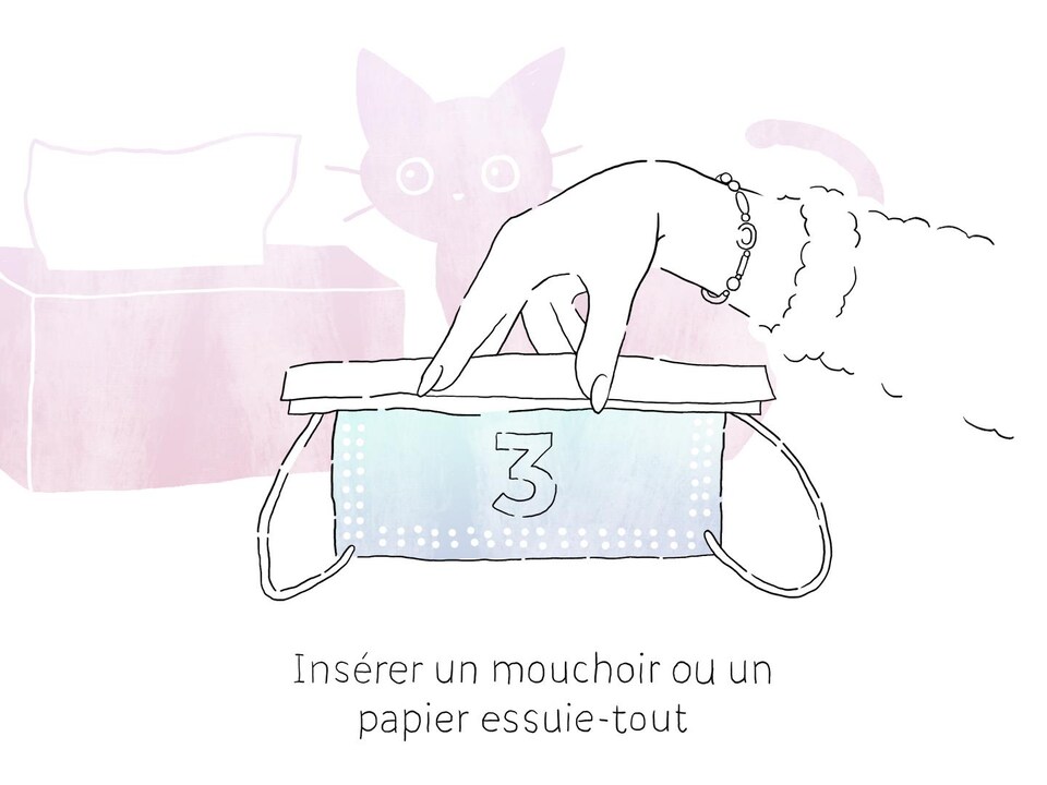 Illustration qui montre comment insérer un mouchoir plié à l'intérieur d'un masque pour améliorer l'étanchéité. 