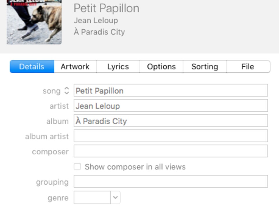 Une liste de métadonnées pour une chanson de Jean Leloup incluant le titre, le nom de l'artiste, le titre de l'album et le compositeur.