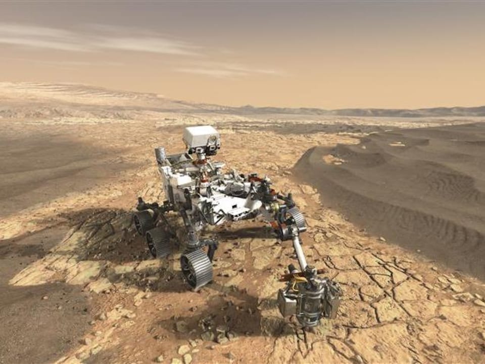 Vue d'artiste du rover Perseverance sur la surface accidentée de la planète rouge.