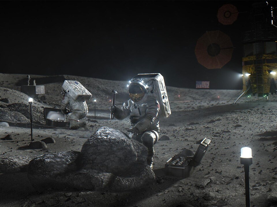 Illustration artistique montrant des astronautes travaillant à la surface de la Lune.