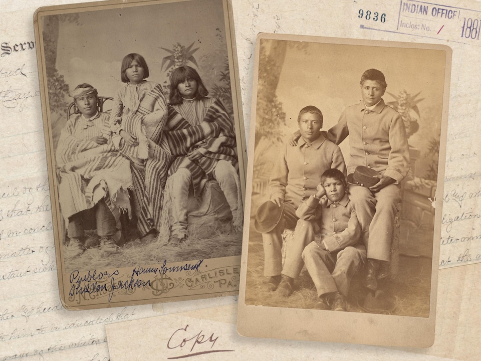 Un montage de photos d'archives montrant des pensionnaires du pensionnat de Carlisle vêtus d'habits traditionnels autochtones et ensuite de vêtements occidentaux.