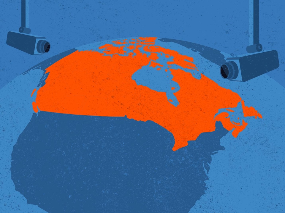 Illustration montrant des caméras de surveillances qui pointent sur le Canada, au-dessus des États-Unis. 